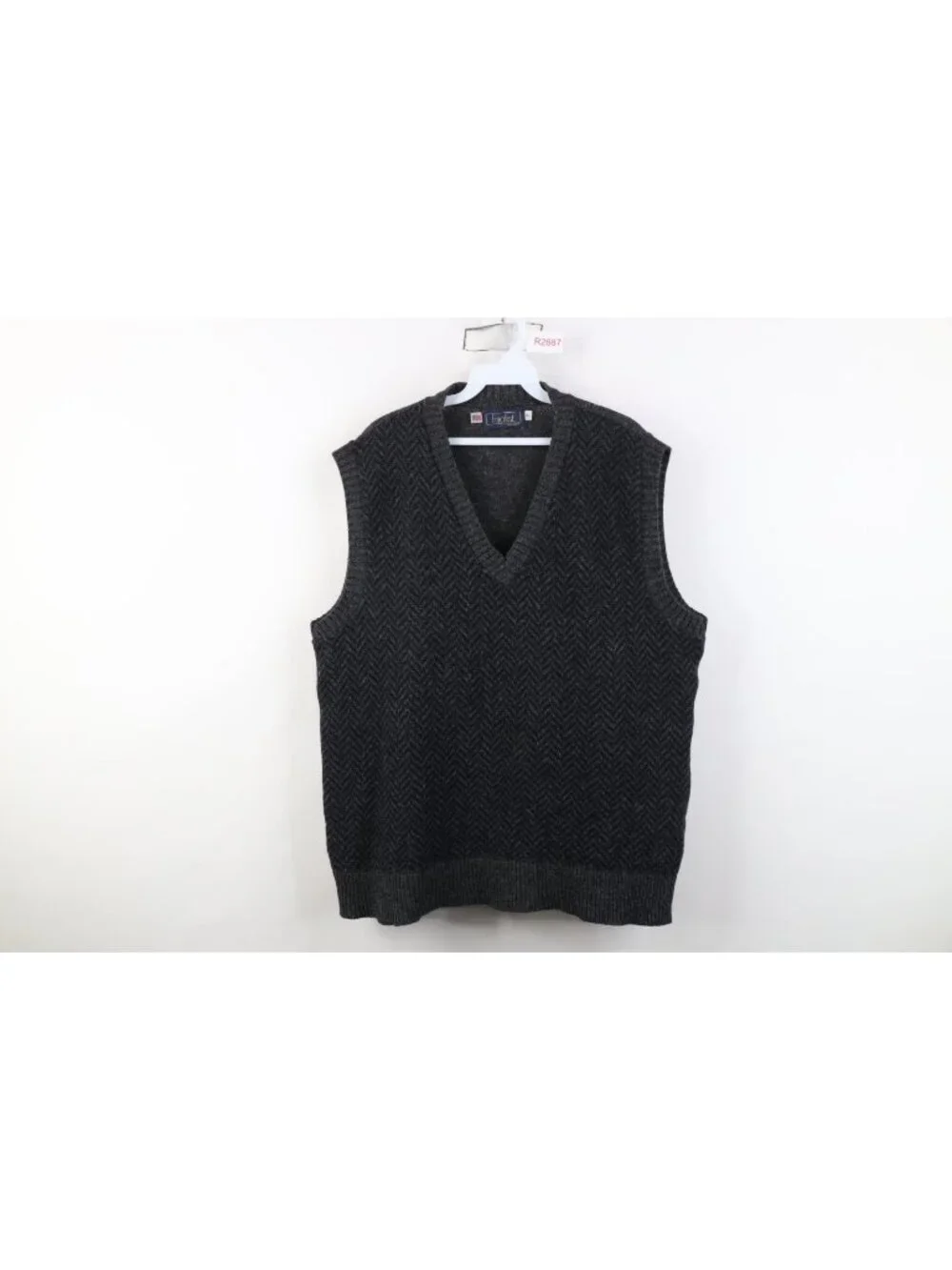 Vtg 90s Streetwear Mens XL Wool Blend Knit Herringbone V-Neck Sweater Vest USA